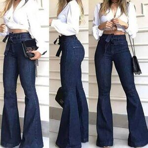 High Waisted Lacing Stretch Wide Leg Jeans Bell-Bottomed